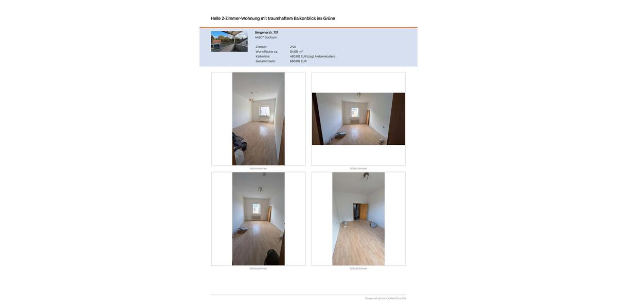 Etagenwohnung Bochum Bochum-Nord - 2.5 Zimmer, 52 m&sup2;, 480&euro; | Angebot:25981143