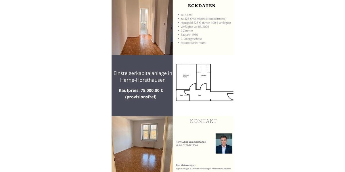 Etagenwohnung Herne Sodingen - 2 Zimmer, 44 m&sup2;, 75.000&euro; | Angebot:26088738